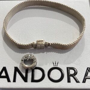 Pandora Silver Mesh Bracelet with Charm- broken